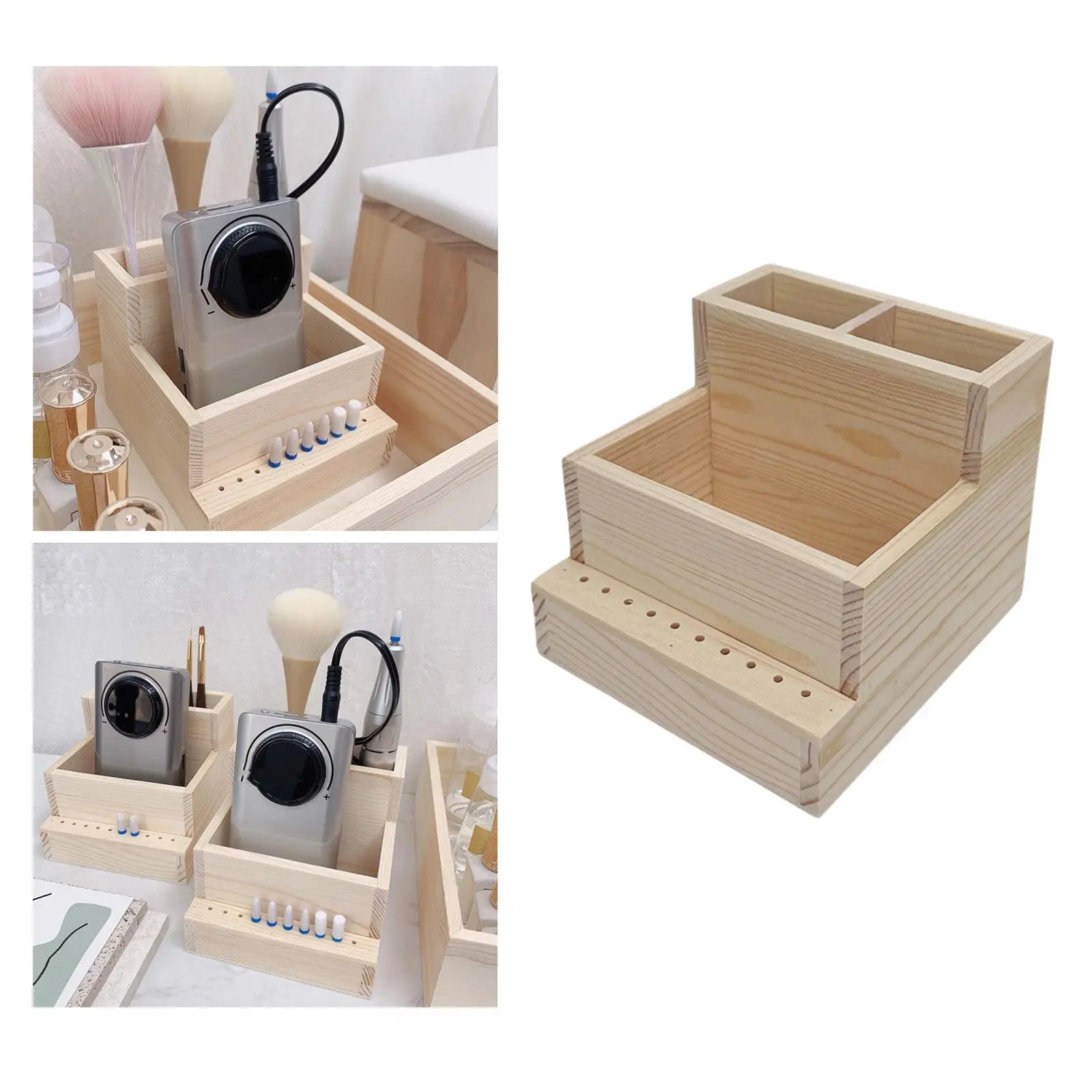 Wood Nail Drill Machine and Bits Holder Stand, Highest Row Dual Hole for Storage Nail Drill Machine Plug and Pen 4.5x4.3x3.9inch