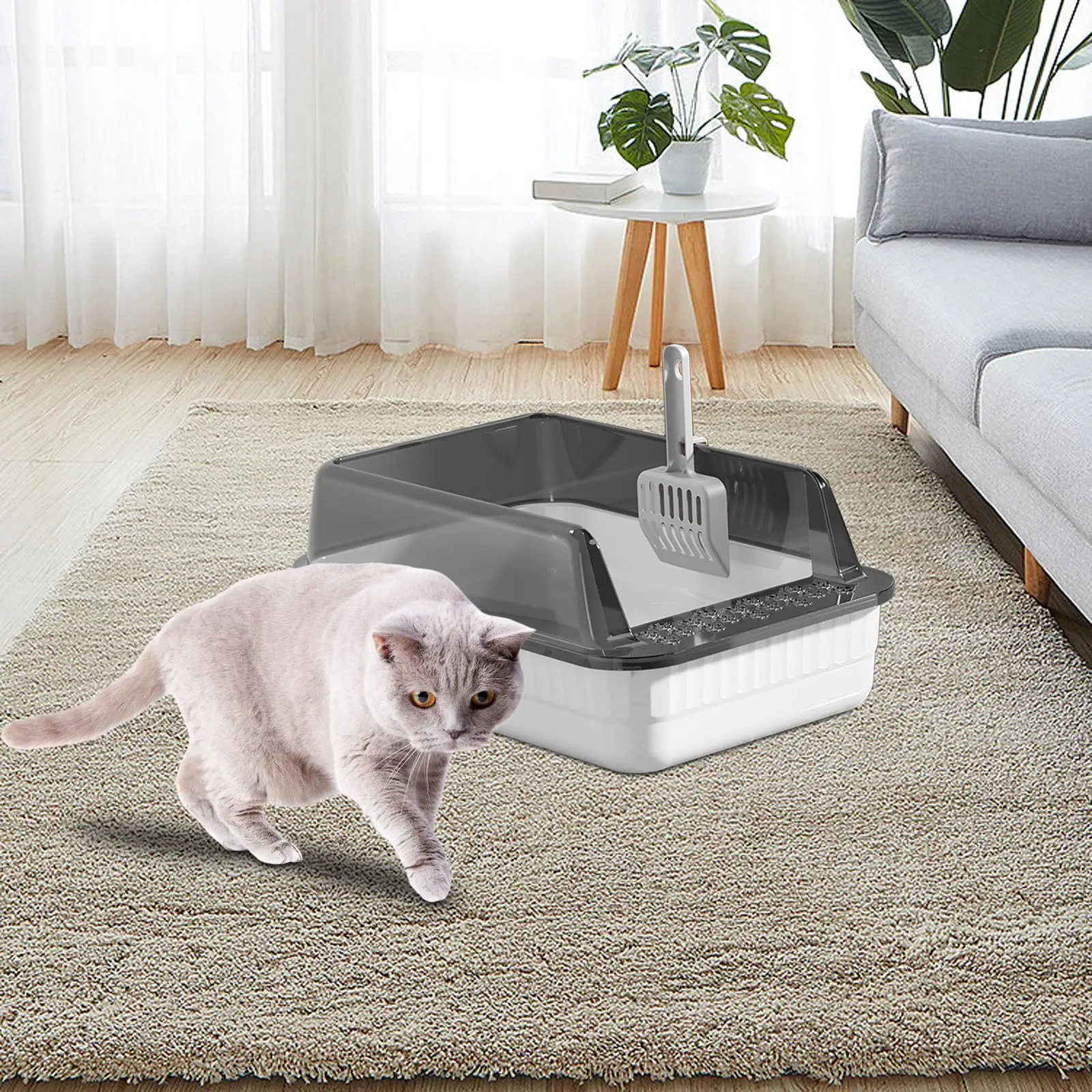 Cat Litter Box Litter Tray Open Top High Sides Semi Enclosed