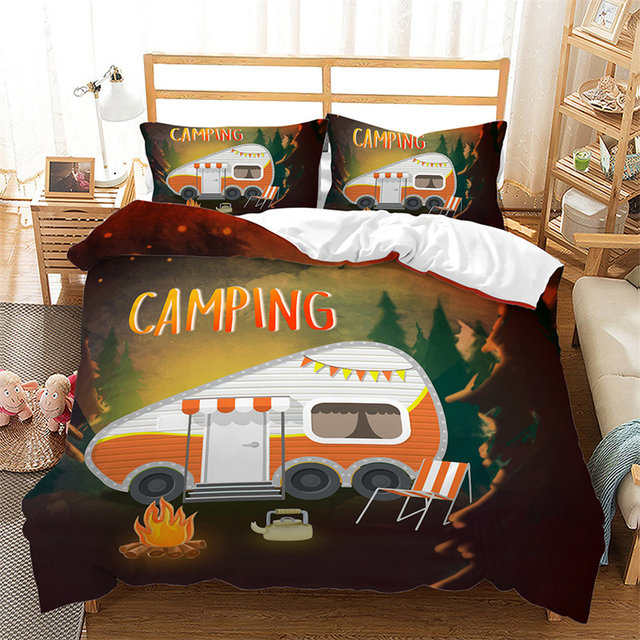 Camper Queen Bedding Set,Happy Camping Comforter Set Microfiber RV Inside  Decor Duvet Bedding,Camper Accessories for Travel Trailers,Camper Must  Haves