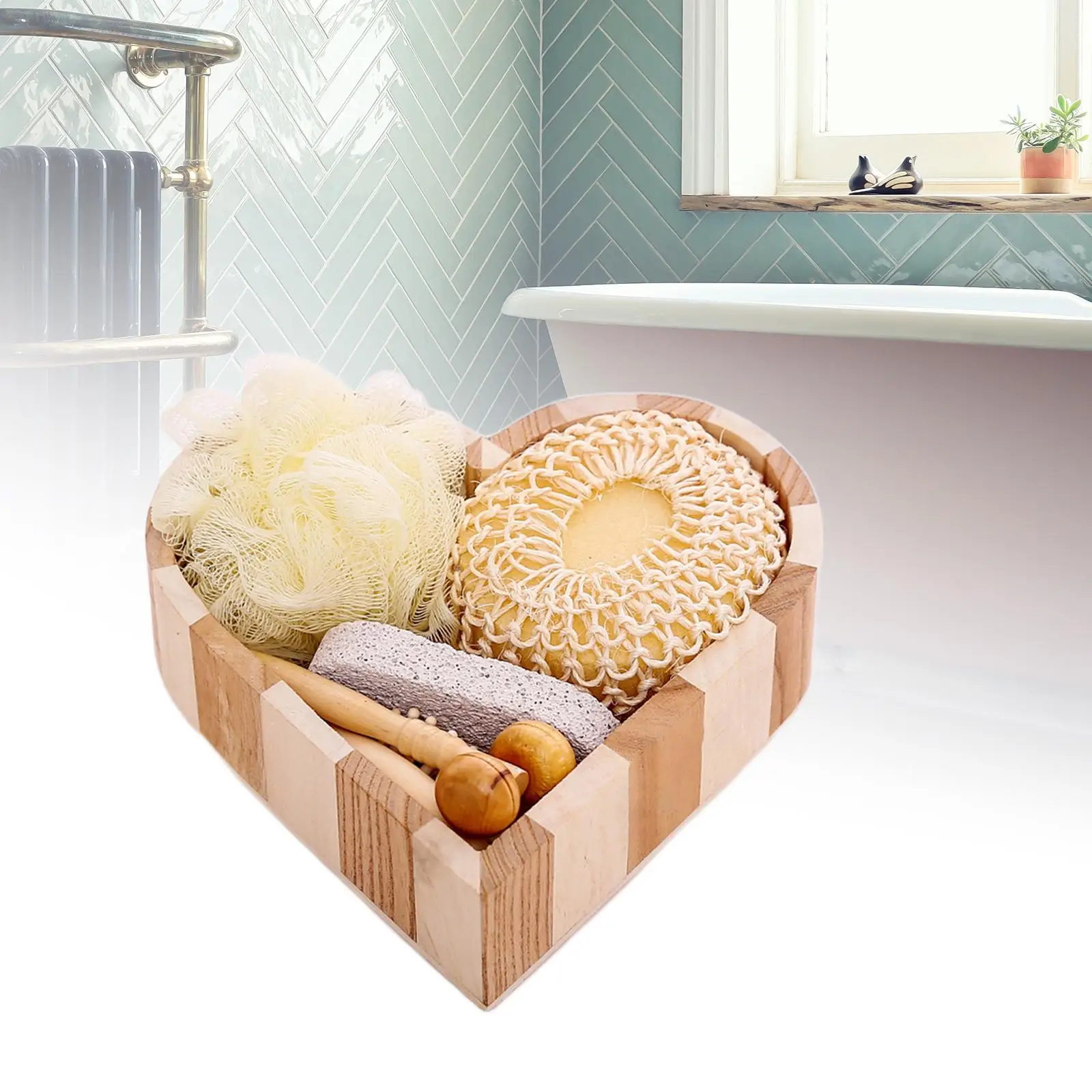 5 Pieces Bath Accessories Set Pumice Stone Hair Brush Sponge Ball in Heart Wooden Box for Body and Foot SPA Women Man Gift