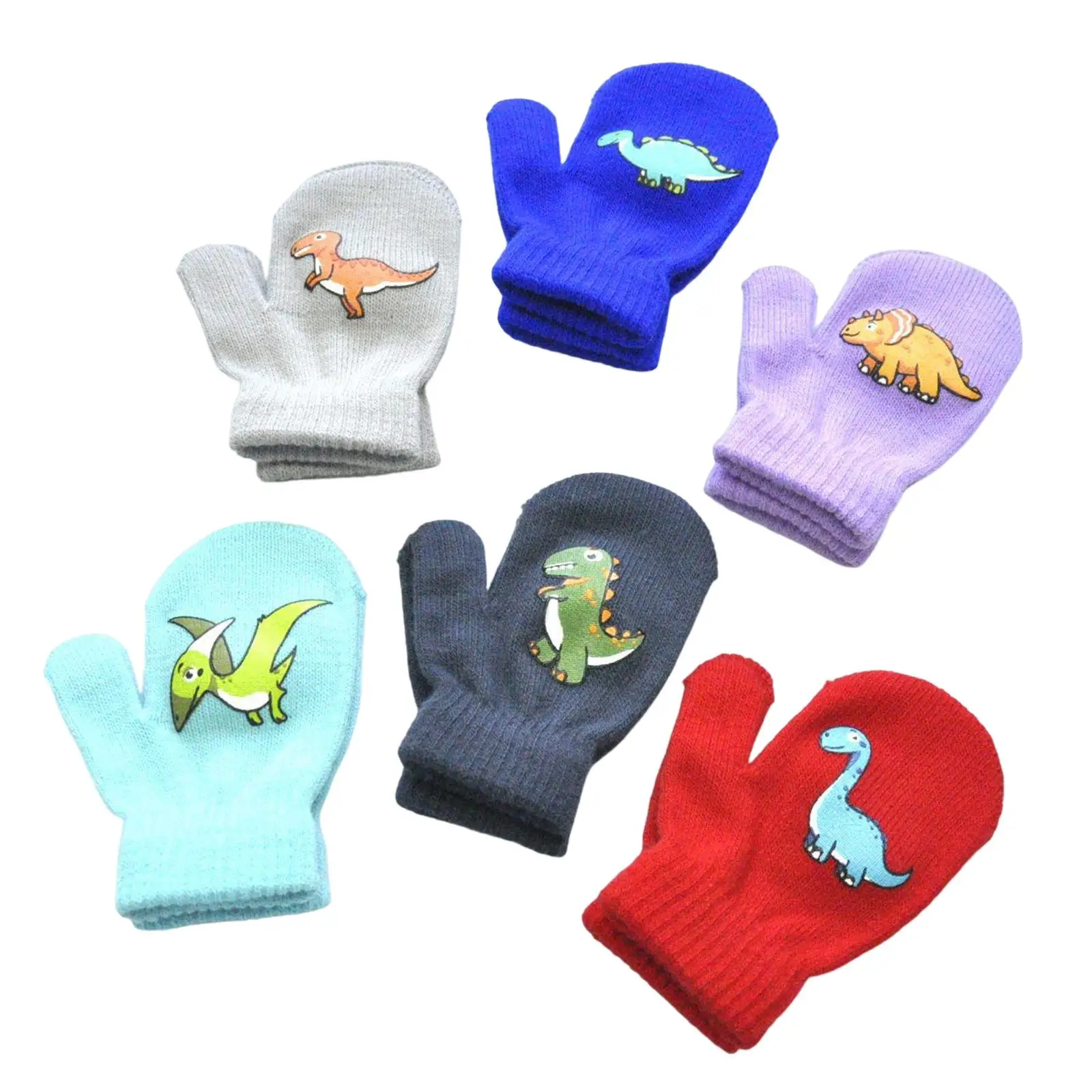 6x Children Winter Gloves Dinosaurs Pattern Full Fingers for Boys Girls Soft