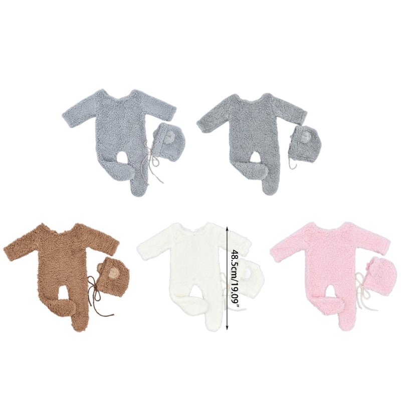 Baby Foto Schießen Requisiten Berber Fleece Bär Ohr Hut & Overall Set Neugeborenen Foto Requisiten Infant Fotografie Outfit 2PCS – Detail 6