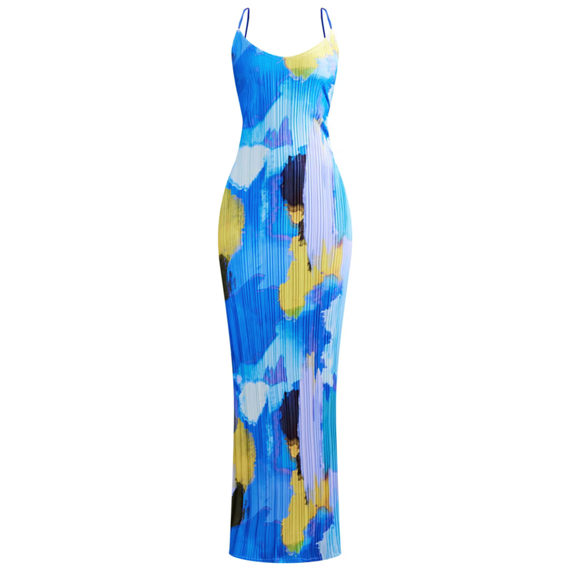 Vestido plisado para mujer, estampado floral/tie-dye/color liso, tirantes finos, sin mangas, para salir y fiestas.