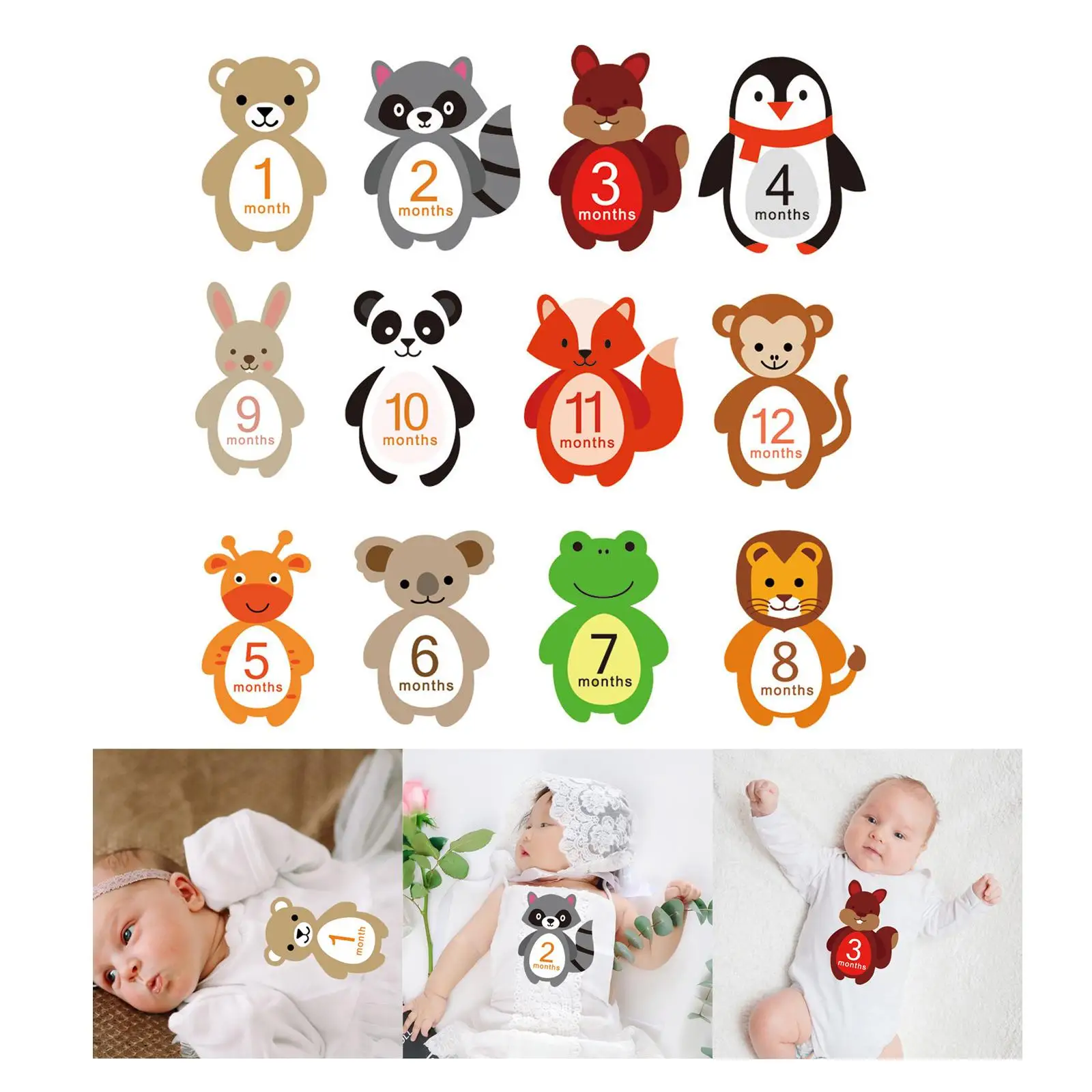 12 Pieces Bby Monthly Stickers Crtoon niml Shped Milestone Stickers Gender Neutrl 1-12 Month Posing Props Bby Shower