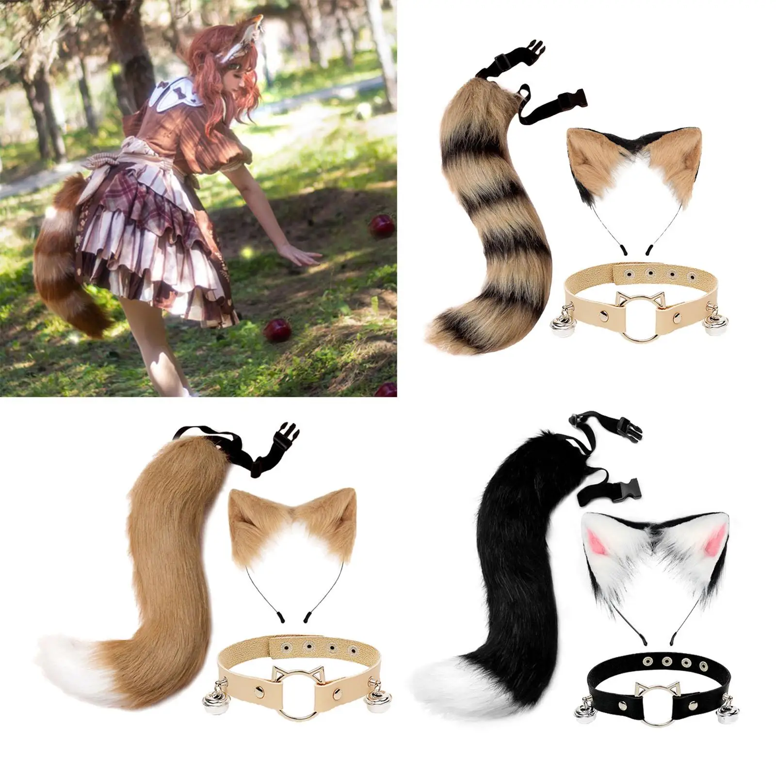 Ears Tail Cosplay Headband Furry Plush Toys Choker Animal Halloween Props for Fancy Part Gifts Children Adults Kids