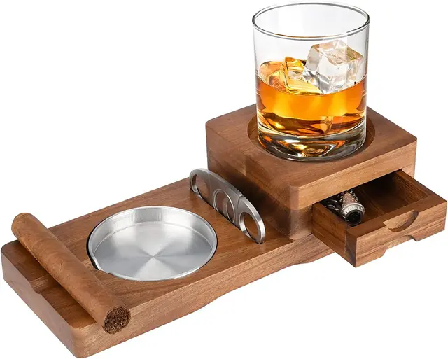 Cigar Ashtray Whiskey Cup Holder Wooden Ashtray Stainless Steel Inner Liner  Detachable Cigar Tray Ash Tray with Drawer - AliExpress