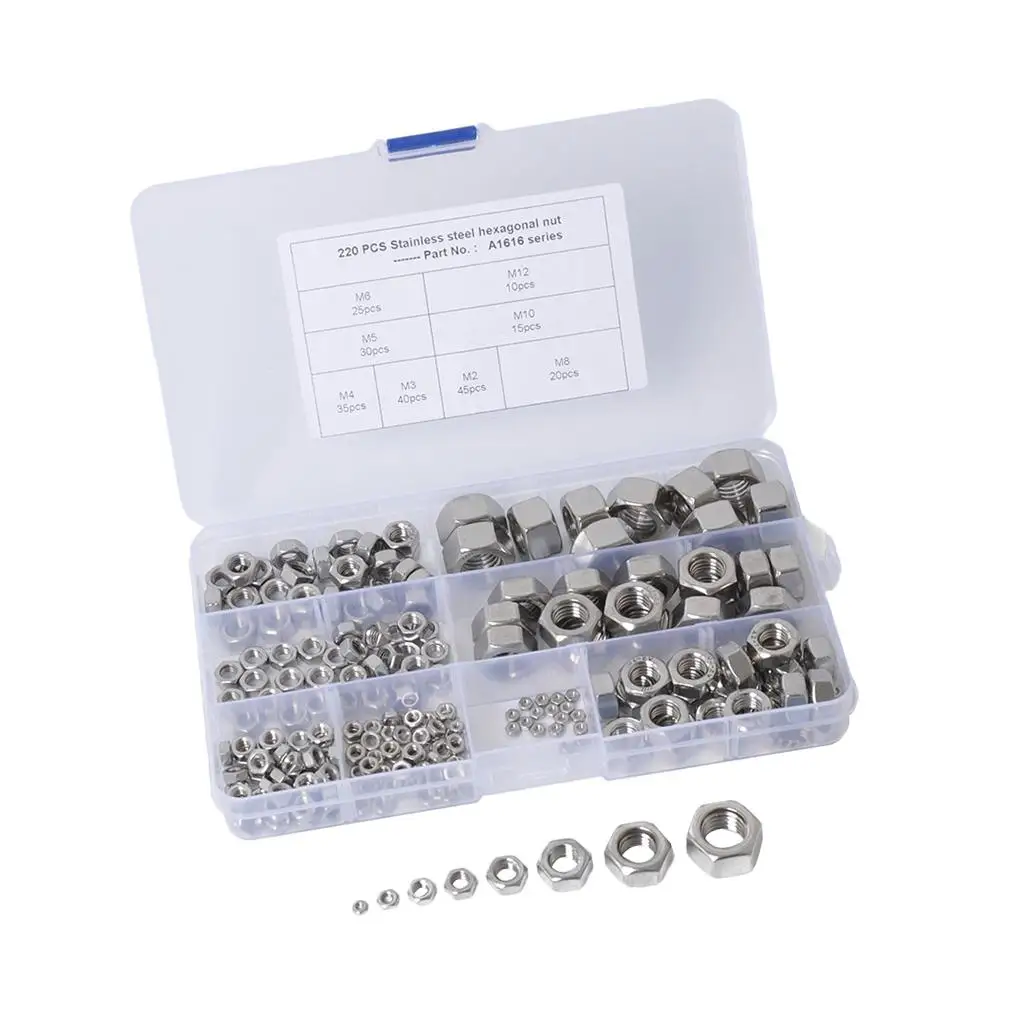 220-Piece Stainless  Nut assortment set, Size Include: M2 4 M5 M6 10 M12 (Lock Nuts)