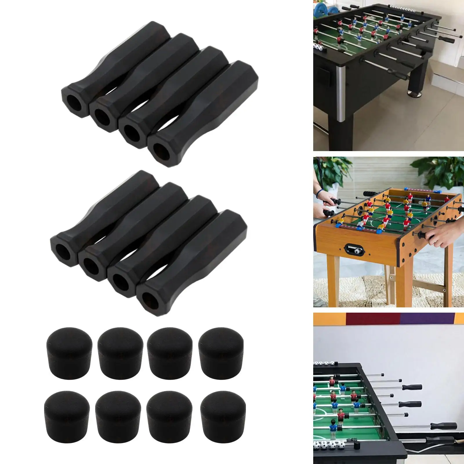 Pack of 16 Octagonal Handles and Safety End Caps Non-Slip Design Part , Black Foosball Rods Grips for Standard Foosball Tables