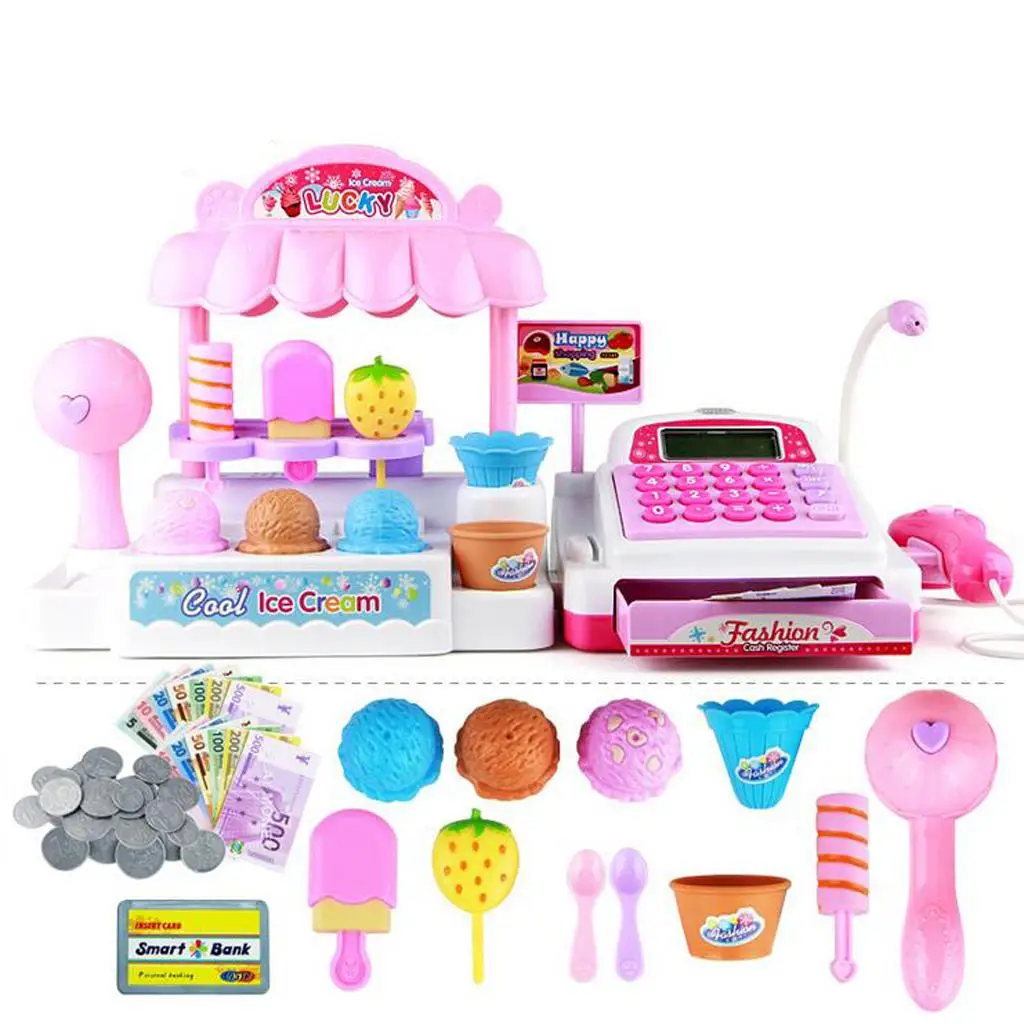 Kids Pretend Toy  Register Play Set with Food, Scanner, Calculator, Ice