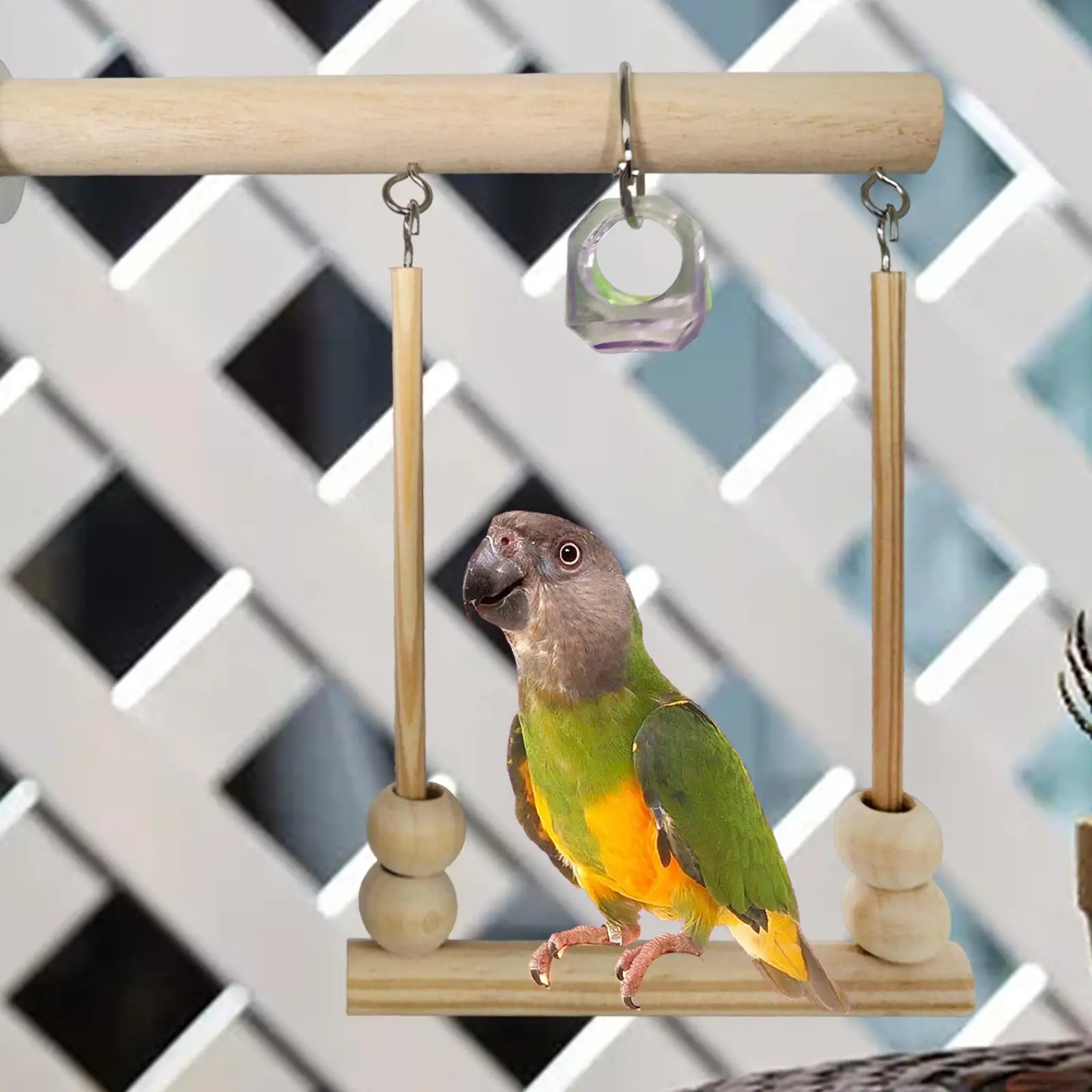 Parrot Wooden Stand Swing Cage Hanging with Chewing Bead Encourages Foot