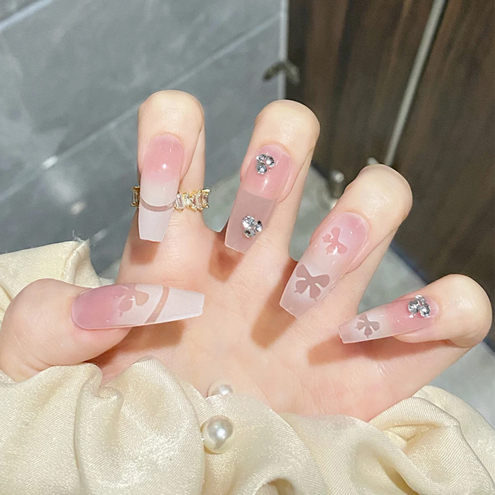 24pcs Long Pink Press On Nails Cute Butterfly Print Design Full ...