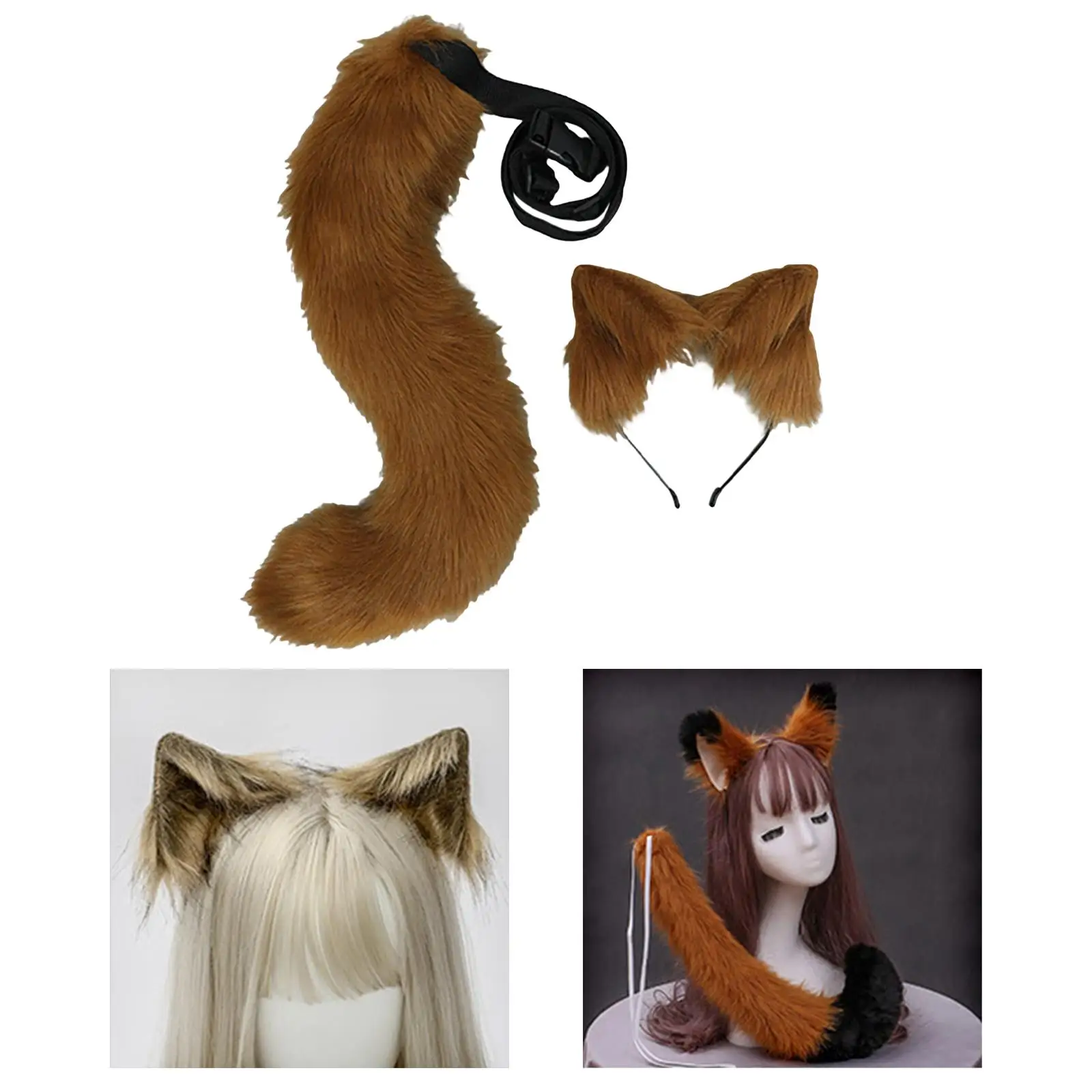 2x Faux Fur Animal Fox Ears Headband & Tail Costume Kit Anime Cosplay Plush Fox Ears and Tail Set Halloween Fancy Dress Prop