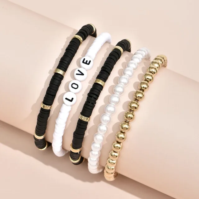 Women Love Letter Bracelet Pearl Disc Beads Bangle Bohemian Beaded Bracelets  1Pc