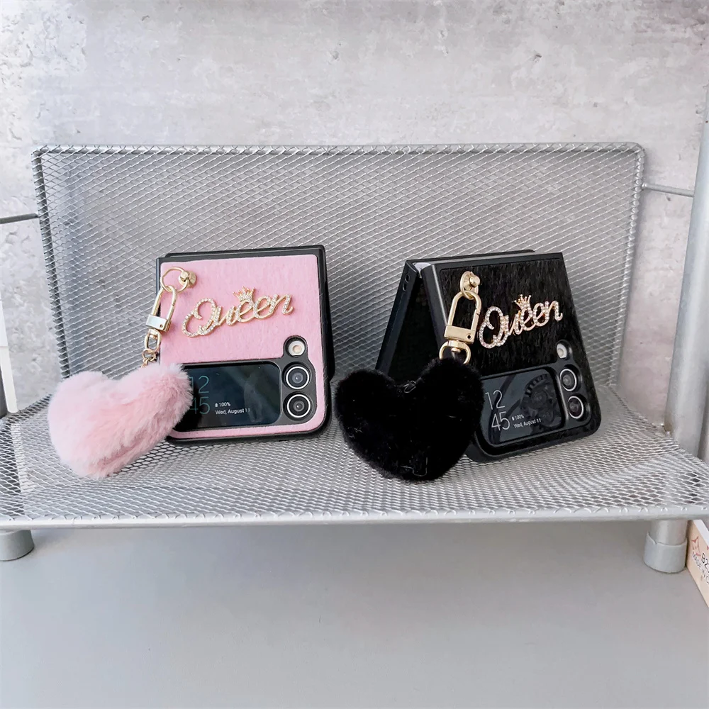 Pearl Love Plush Pendant Phone Case for Samsung Galaxy Z Flip 7 FE 5g ZFlip 6 Z Flip 7 6 5 4 3 Love Heart Plush Shockproof Cover