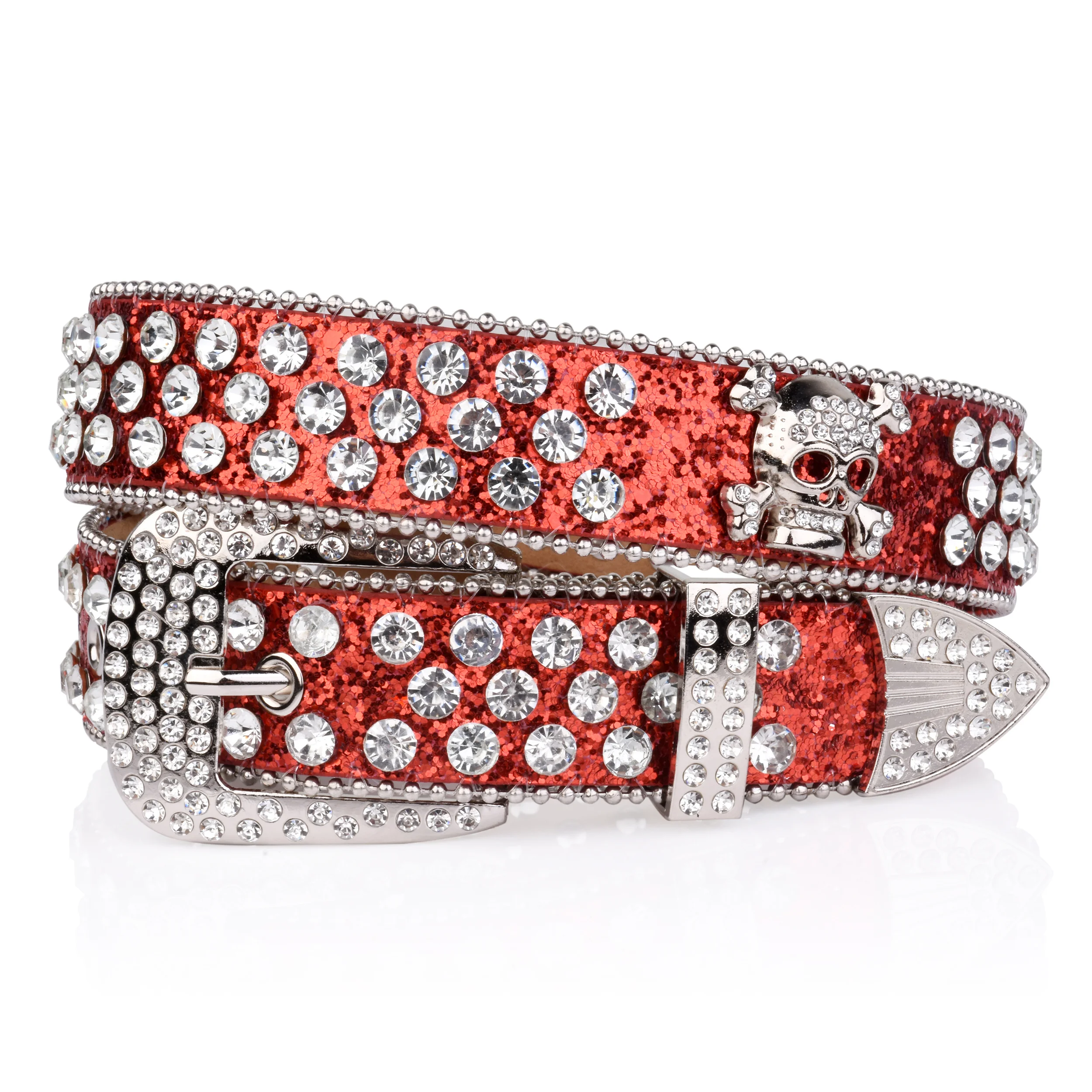 Strass Schädel Nieten Gürtel Blau & Rot Glitter PU Gürtel Hip Hop Jeans Hosen Gürtel Punk Cowboy Cowgirl Gürtel für Frauen Männer – Detail 5