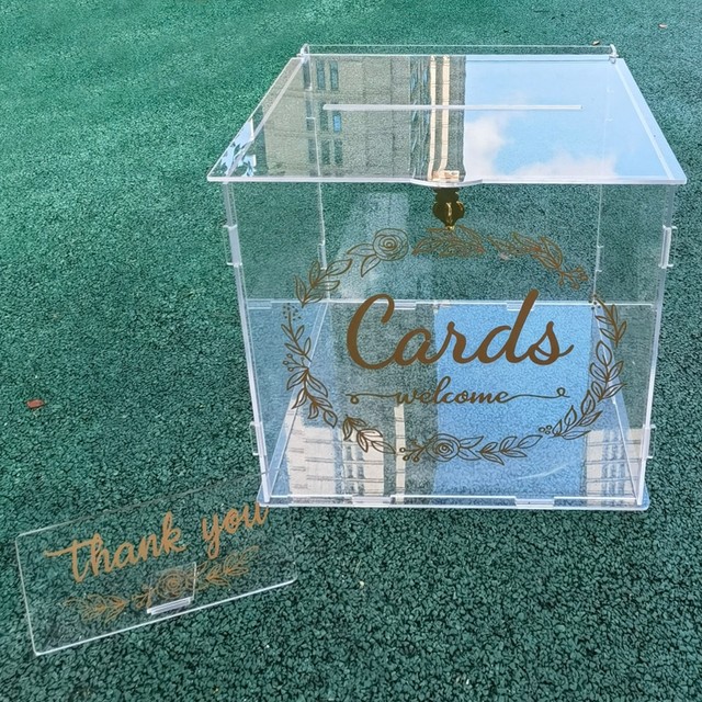 Clear Acrylic Wedding Card Box with Lock, Key & Thank You Sign Stand, Reception Party Money Gift Card Box | by Tableclothsfactory