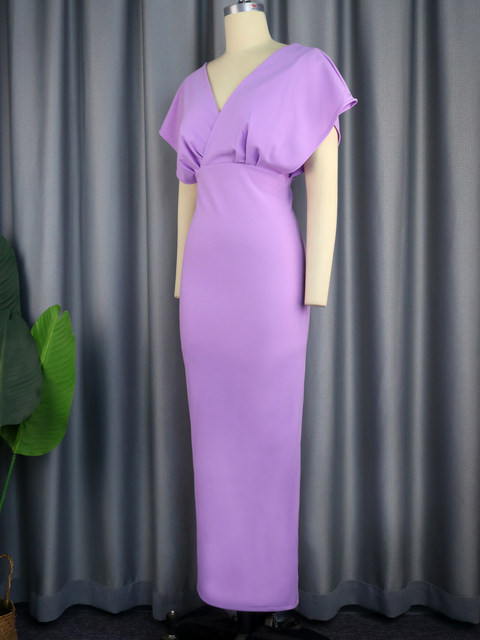 Purple Bodycon Dresses Short Flare Sleeve High Waist Midi Evening