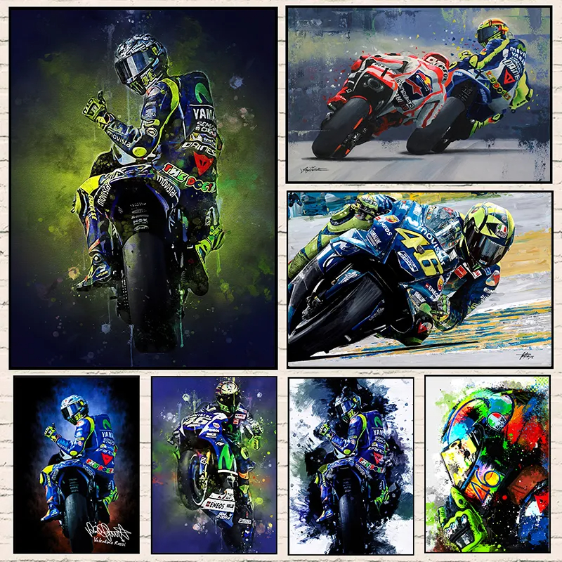 Sports Car Racer Portrait HD Print Wall Art Prints And Paintings`Watercolor Motorcycle Racer Valentino Rossies Canvas Poster