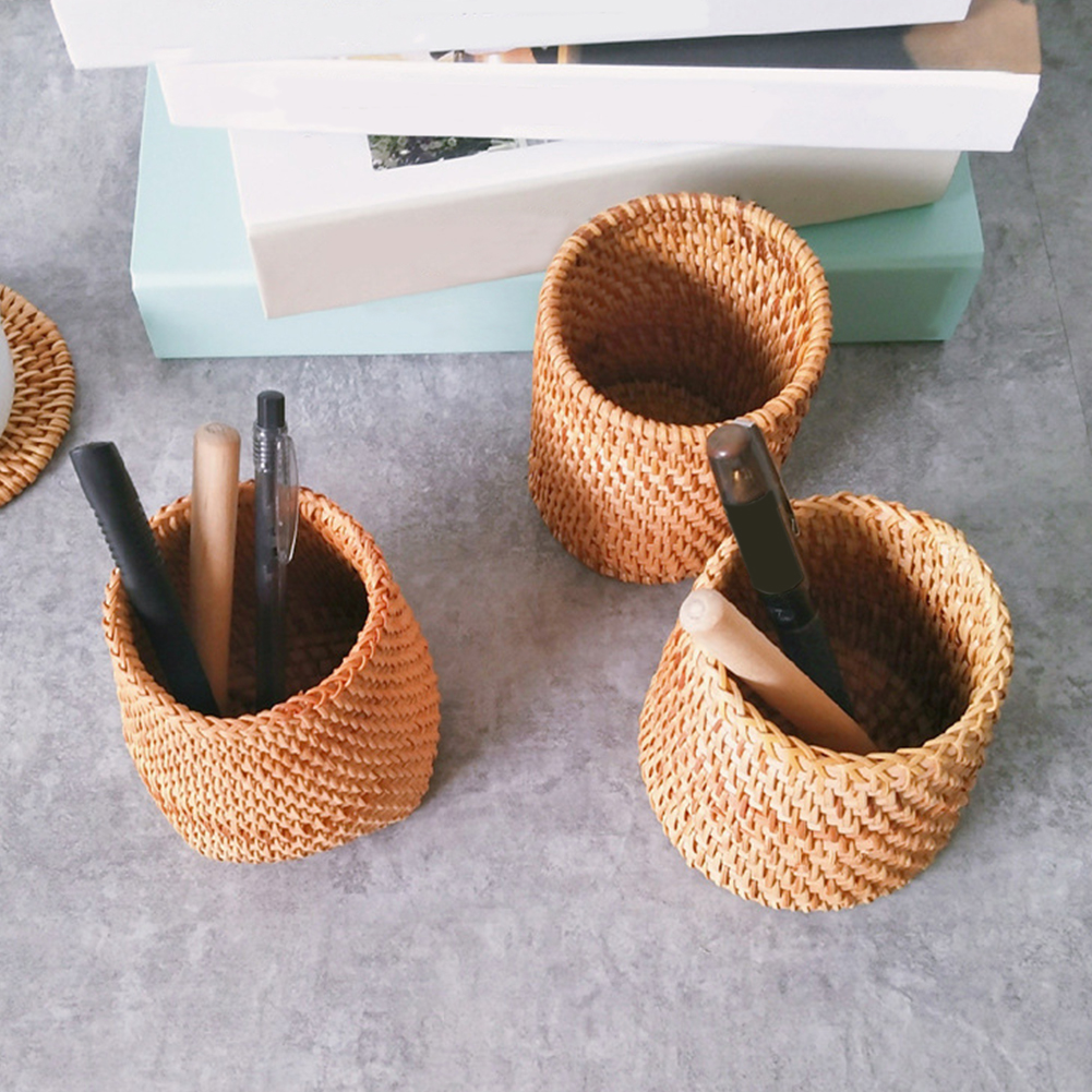 Escritório em Casa Rattan Maquiagem Escova Organizador Mão Tecido Estudante Mesa Decoração Acessórios Presente Copo Prático Caneta Suportes 3 Pçs 9 Home & Garden