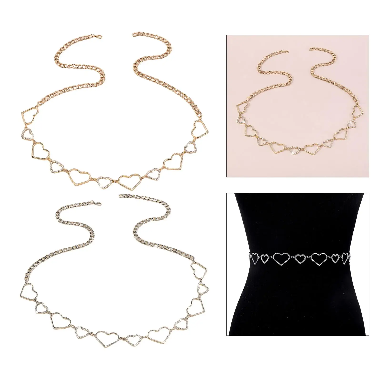 Fashion Women Waist Chain Belt Rhinestone Crystal Adjustable Heart Decorative Body Link for Beach Outfit Girls Pants