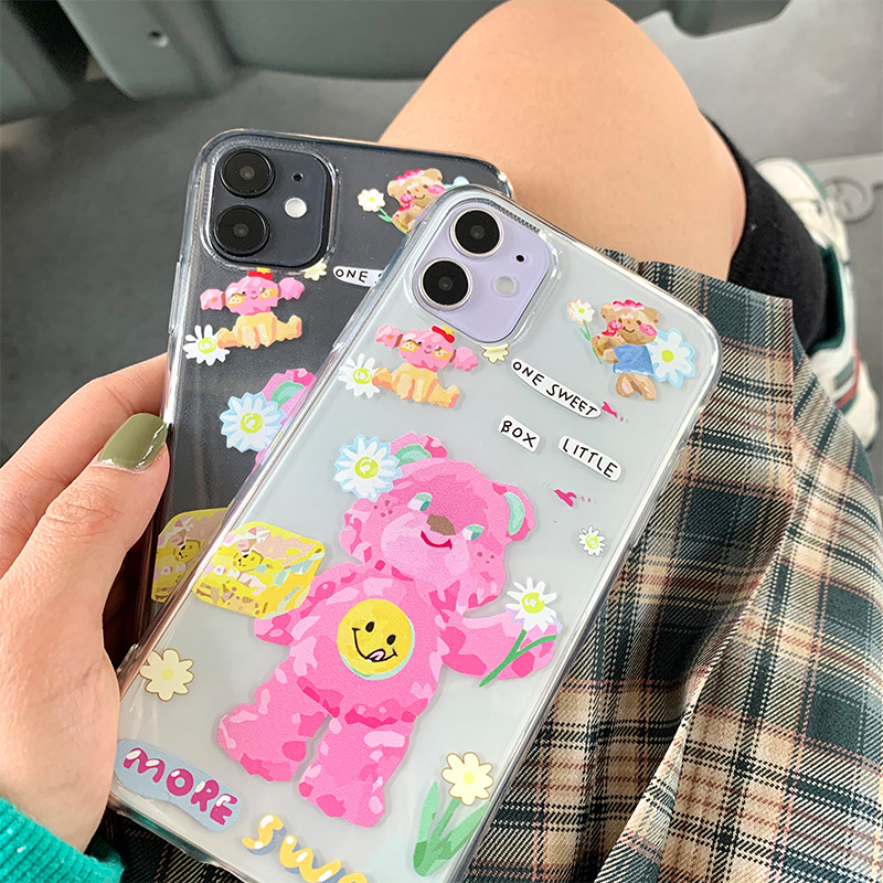 Cute oil painting flower bear Phone Case For iPhone 13 11 12 Pro Max 7 8 Plus 12 mini X XR XS Max Cartoon transparent Soft Cover iphone 13 mini flip case