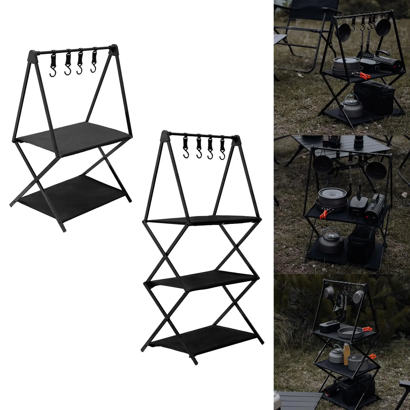 Camping Folding Storage Shelves with Hooks Shelving Units Metal Frame Portable for Camping Indoor Outdoor Household Black