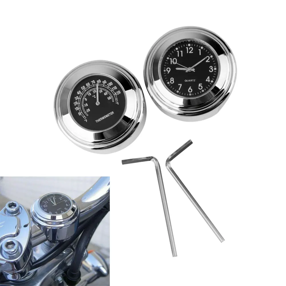 7/8inch 1inch Handlebar Dial Clock & Temp Thermometer Set for