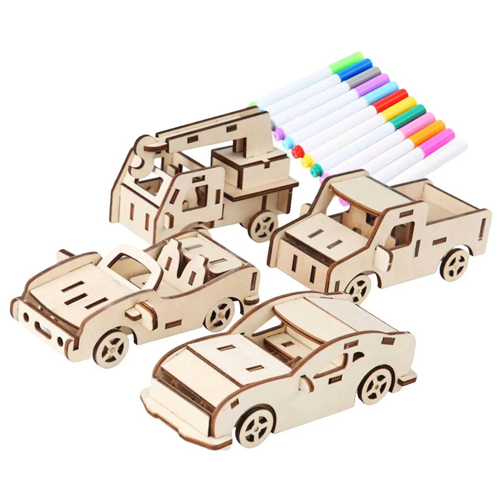 3D Wooden Puzzles with 12 Markers Educational Toys Assembly Construction Kit Toy 4 Pack for Festival Birthday childrens Kids