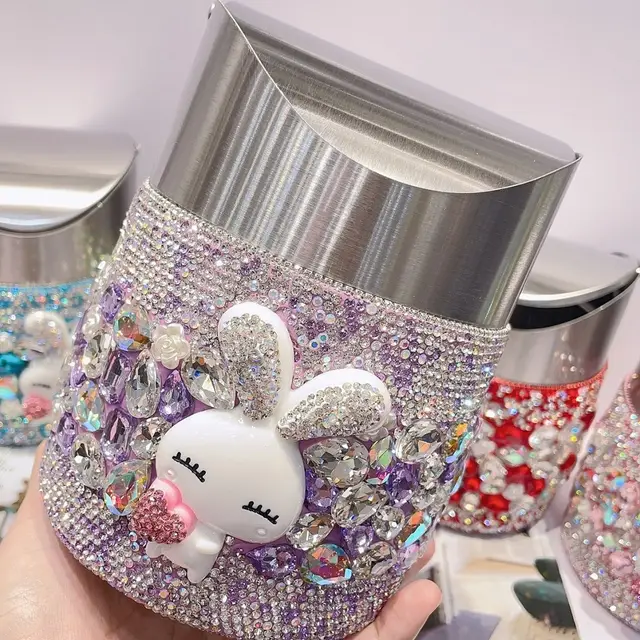 Inlay Rhinestones Car Trash Can Sparkling Dustbin For Bedroom Stainless  Steel Office Desk Trash Can Small Metal Storage Baskets - Waste Bins -  AliExpress