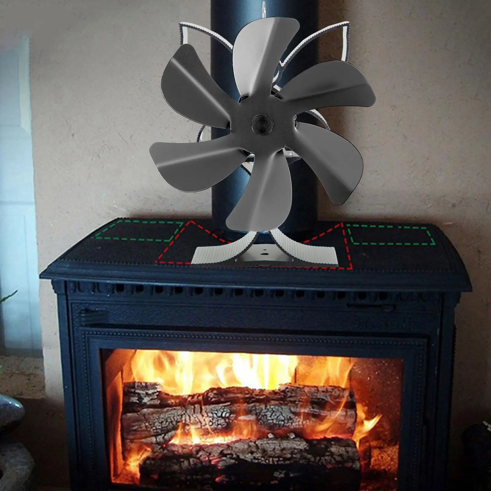 Wood Burning Fan Fireplace Stove Fan 6 Blade Energy Saving Versatile Lightweight Working Temperature 50-350°C Low Noise Aluminum
