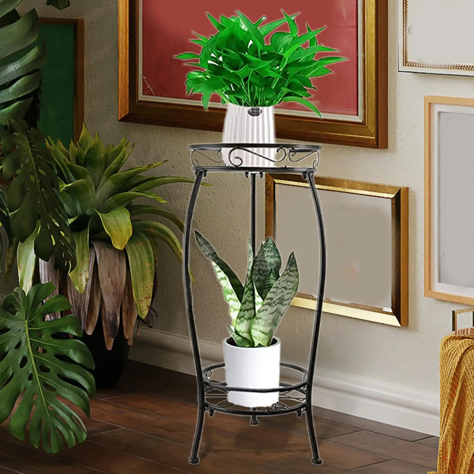 2 Tier Flower Pot Display Rack Planter Shelves Floor Standing Potted Holder Rack Wrought Iron for Indoor Outdoor Living Room