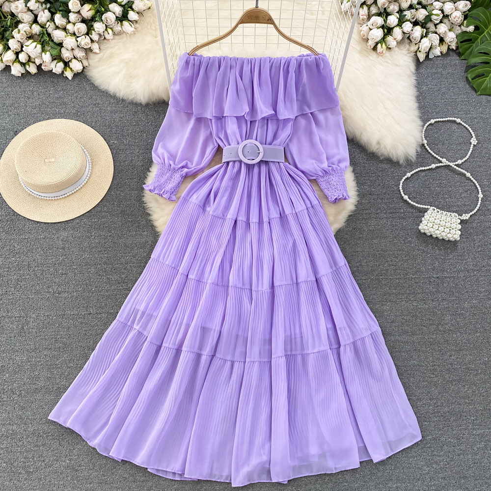 Women Vintage Off Shoulder Dress Chiffon Summer Sweet Lotus Leaf Edge Elegant Pleated Dresses Ladies Evening Party Long Dress