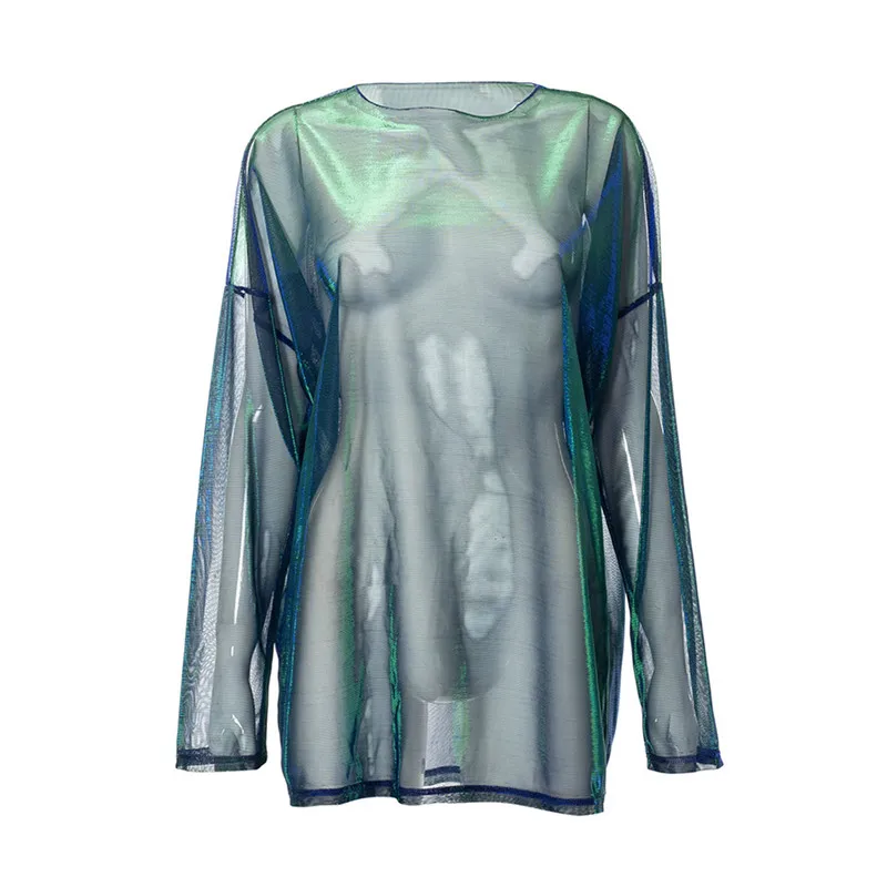 Solid See Through Tshirt Women Sexy Tops O-Neck Long Sleeve Oversized T Shirt For Women Clothing Club Y2k Aesthetic Egirl Tees
