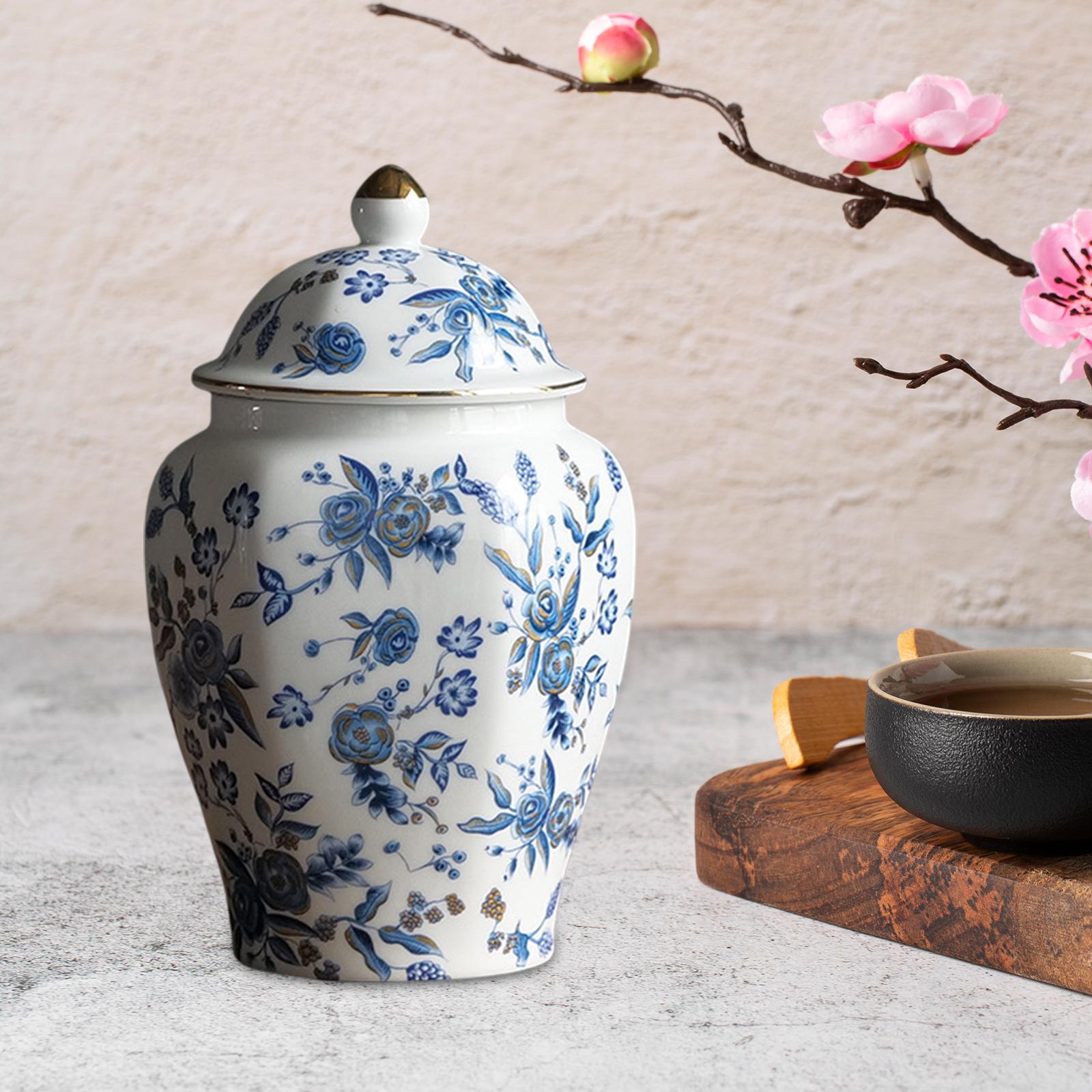 Flower Vase Storage Canister Chinese Blue and White Porcelain Pot Asian Decor Weddings Classical Ginger Jar with Lid Temple Jar