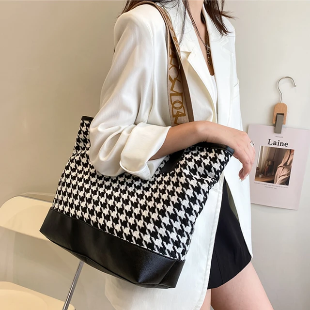 Large Capacity,Waterproof,Portable,Classic,Casual High-capacity Houndstooth  Pattern Fashion Tote Bag With Contrast Edge, Strap And Pendant For Teen  Girls Women College Students,Rookies & White-collar Workers Perfect for  Office,Work ,Business,Commute