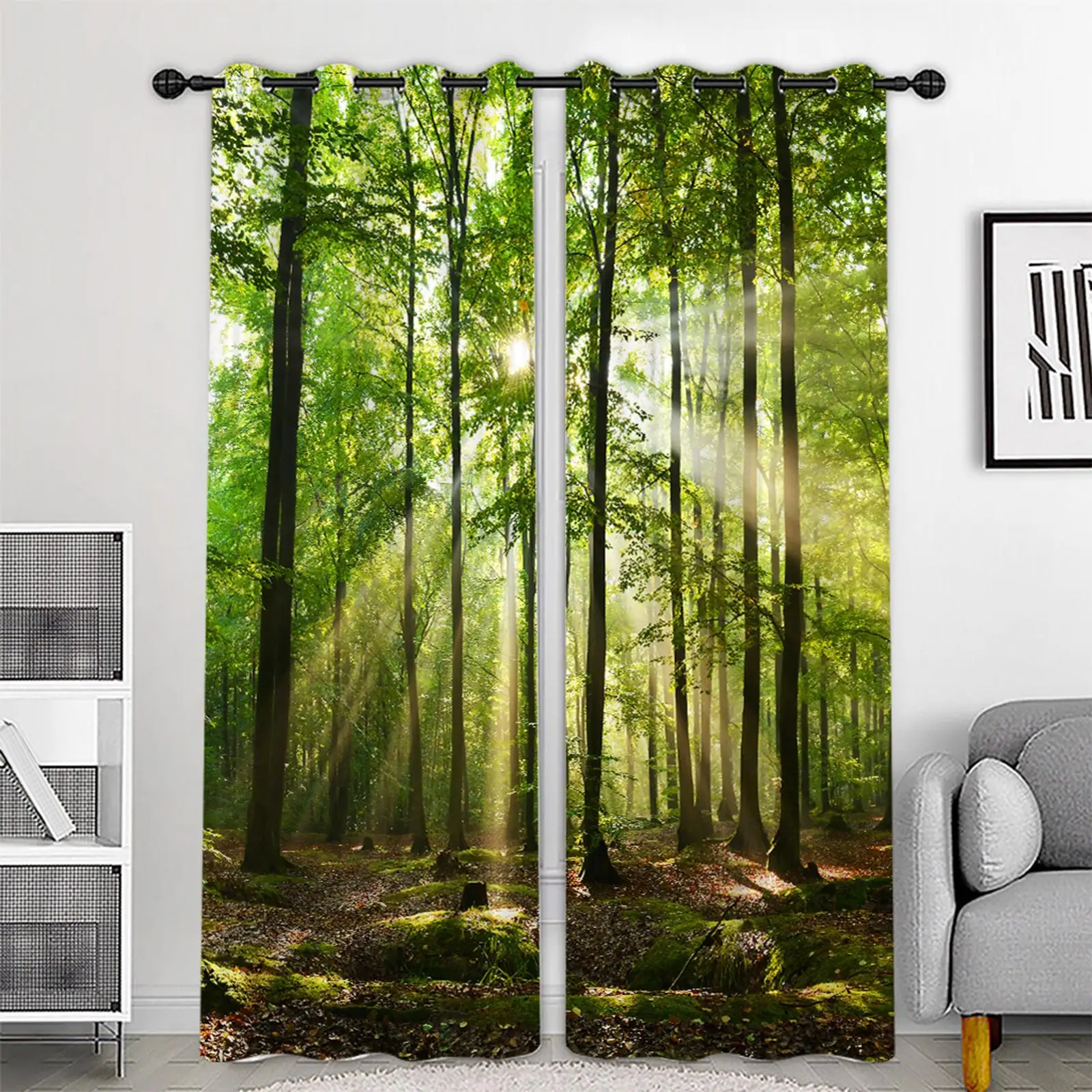 1 Pair Forest Pattern Print Curtain Noise Reduction Blackout Curtains