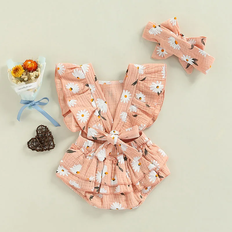Newborn Baby Summer Clothes Girls Two-piece Layette Floral Print Fly Sleeves Romper And Headdress Blue Pink Children's Clothing baby clothing set red	