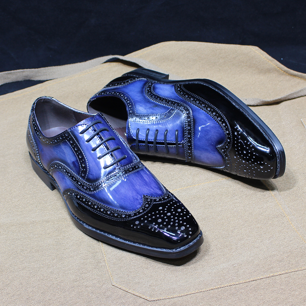 Luxuriöse Herren-Oxfords aus blauem Lackleder mit Brogue-Flügelspitze, zum Schnüren, formelle Schuhe für Büro, Hochzeit, Party – Detail 11