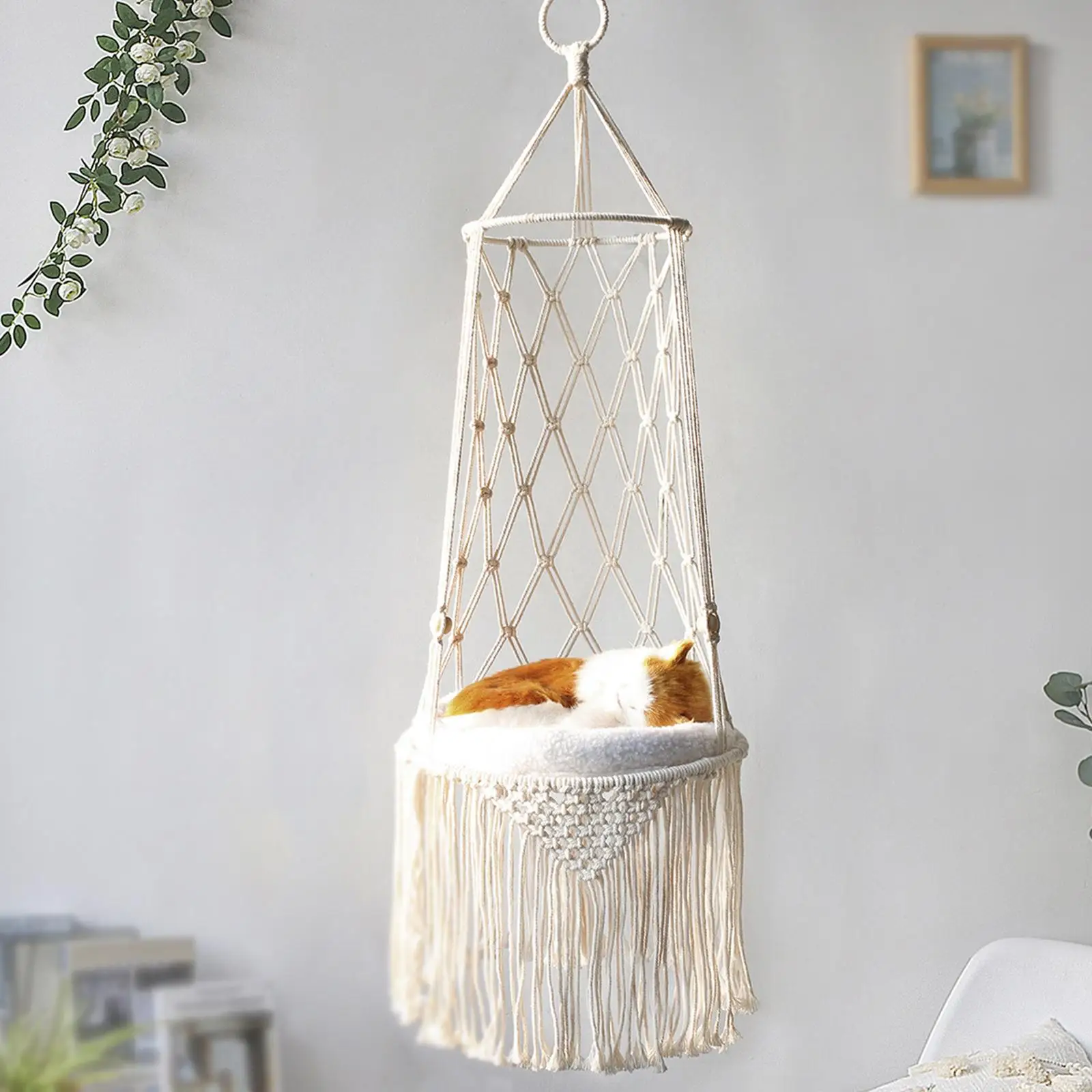 Cat Hammock Decoration Beige Tassel Cotton Rope House Basket Nest for Indoor Outdoor Garden