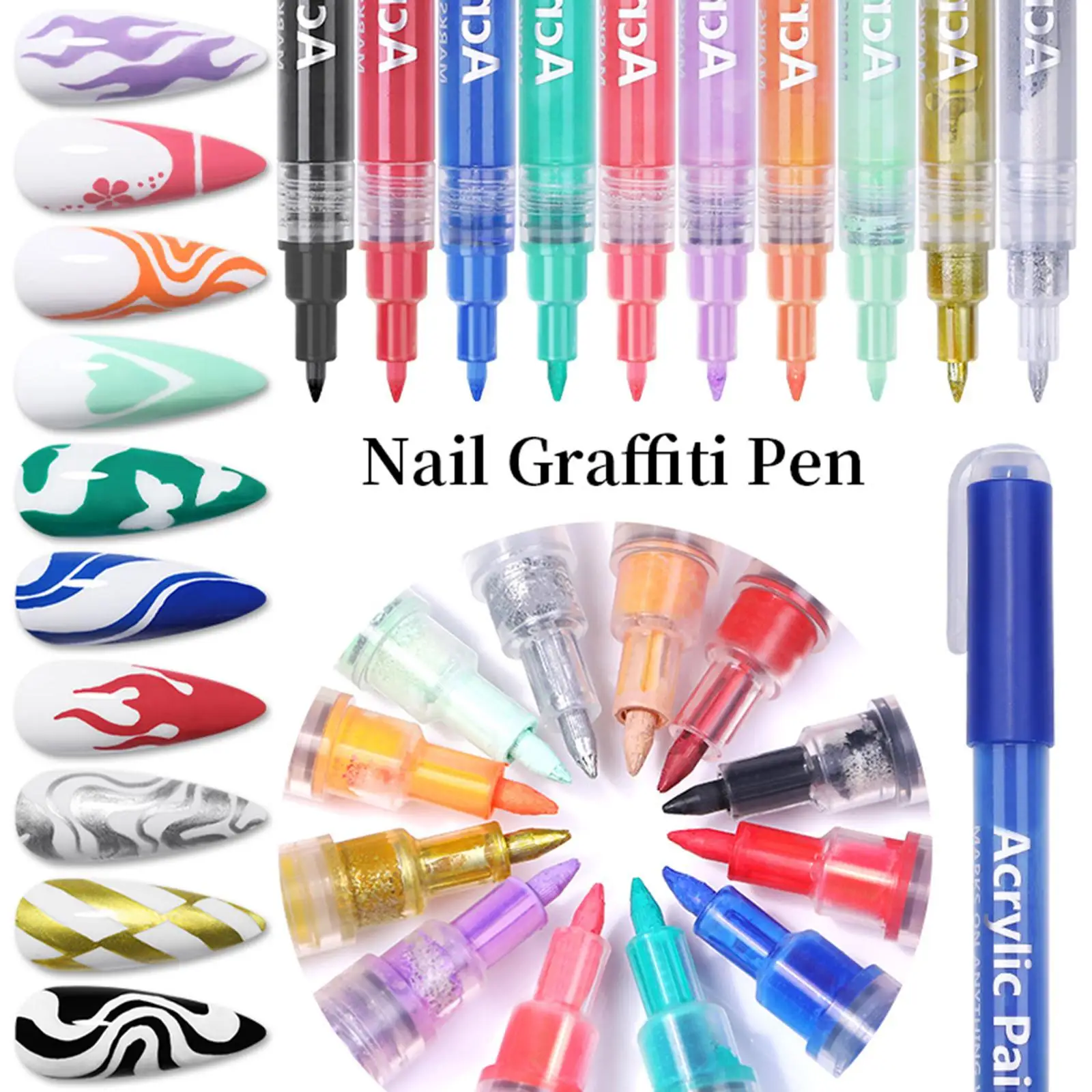 10 Pieces Nail Art Graffiti Pen, Abstract Line Fingernail for Nail Art Acrylic Nails
