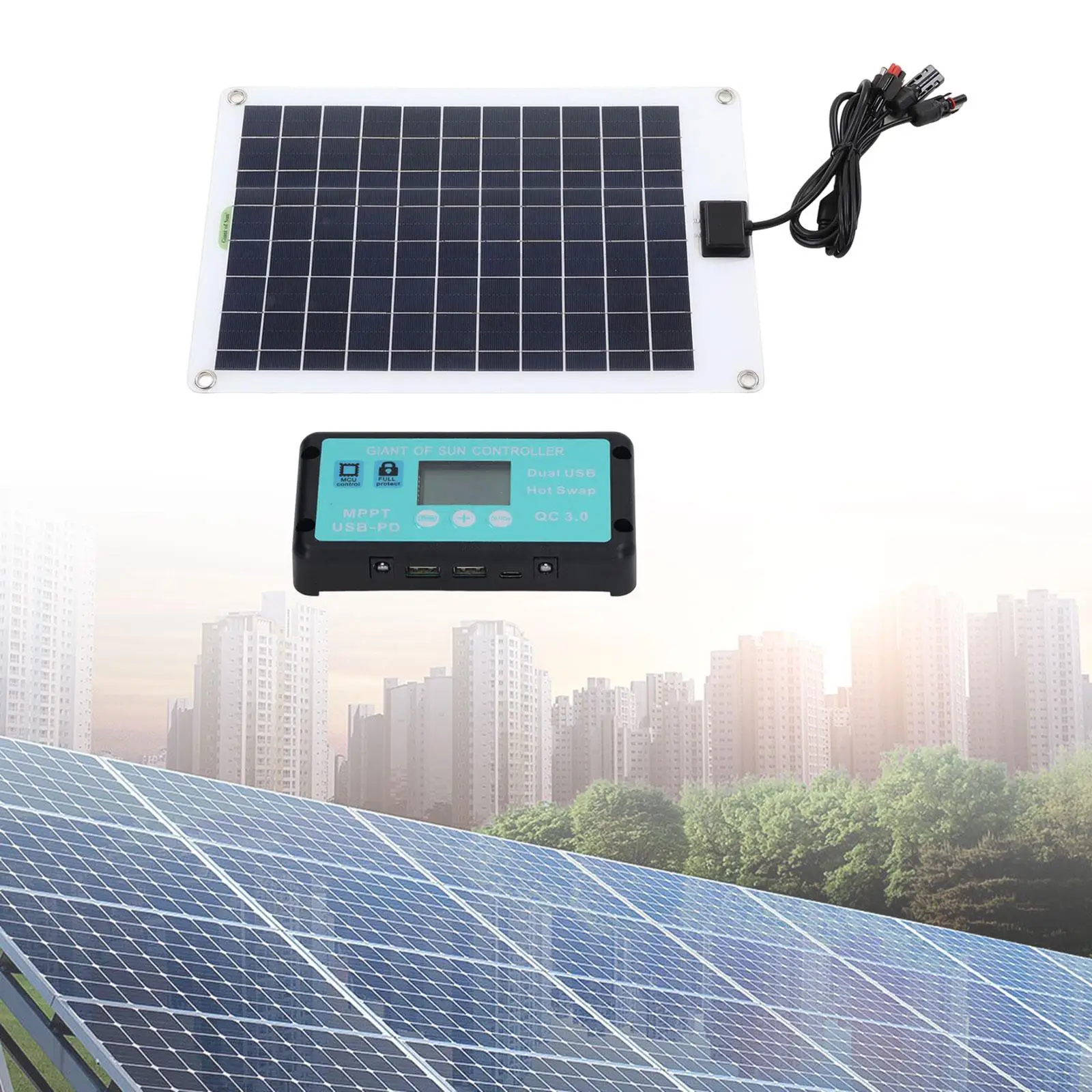 Monocrystalline Silicon Solar Panel with Dual USB Mppt Controller Solar Charge Controller LCD Display XT60 50W for Car RV Yacht