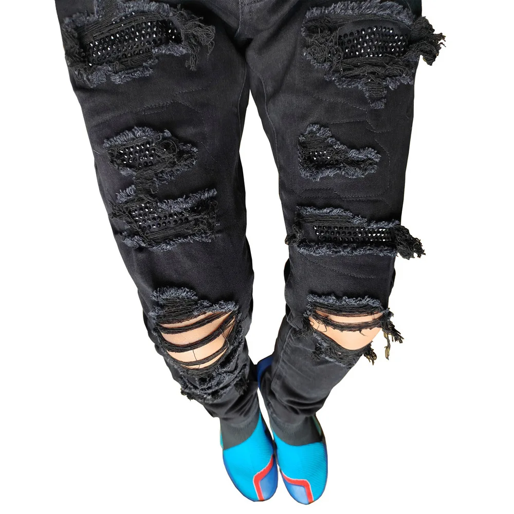 2022 европейские и американские модные стильные горячие черные мужские  джинсы с дырками индивидуальные зауженные Стрейчевые мужские джинсы |  AliExpress