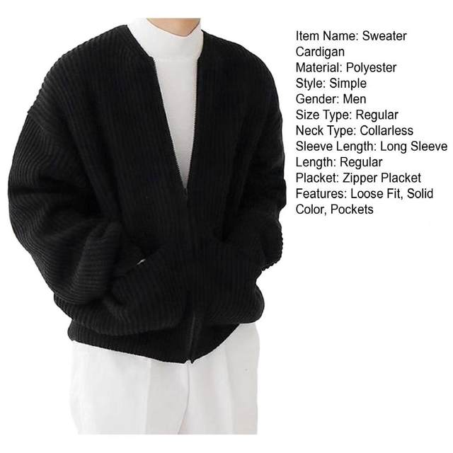 Men Zipper Pocket Cardigan Coat Sweater Cardigan Men's Collarless