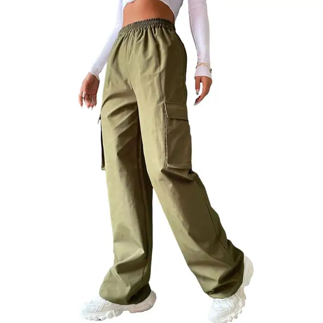 Pantalones vaqueros de carga verde militar con bolsillos laterales con  solapa, ajuste holgado de talle alto y cómodos pantalones vaqueros de