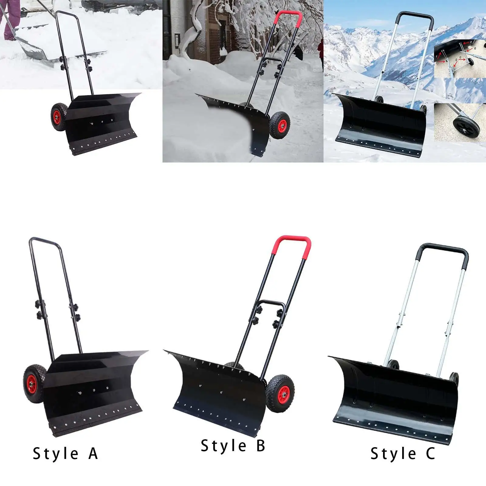 Snow Shovel Adjustable Handle Wheeled Snow Plow for Backyard Outdoor Doorway