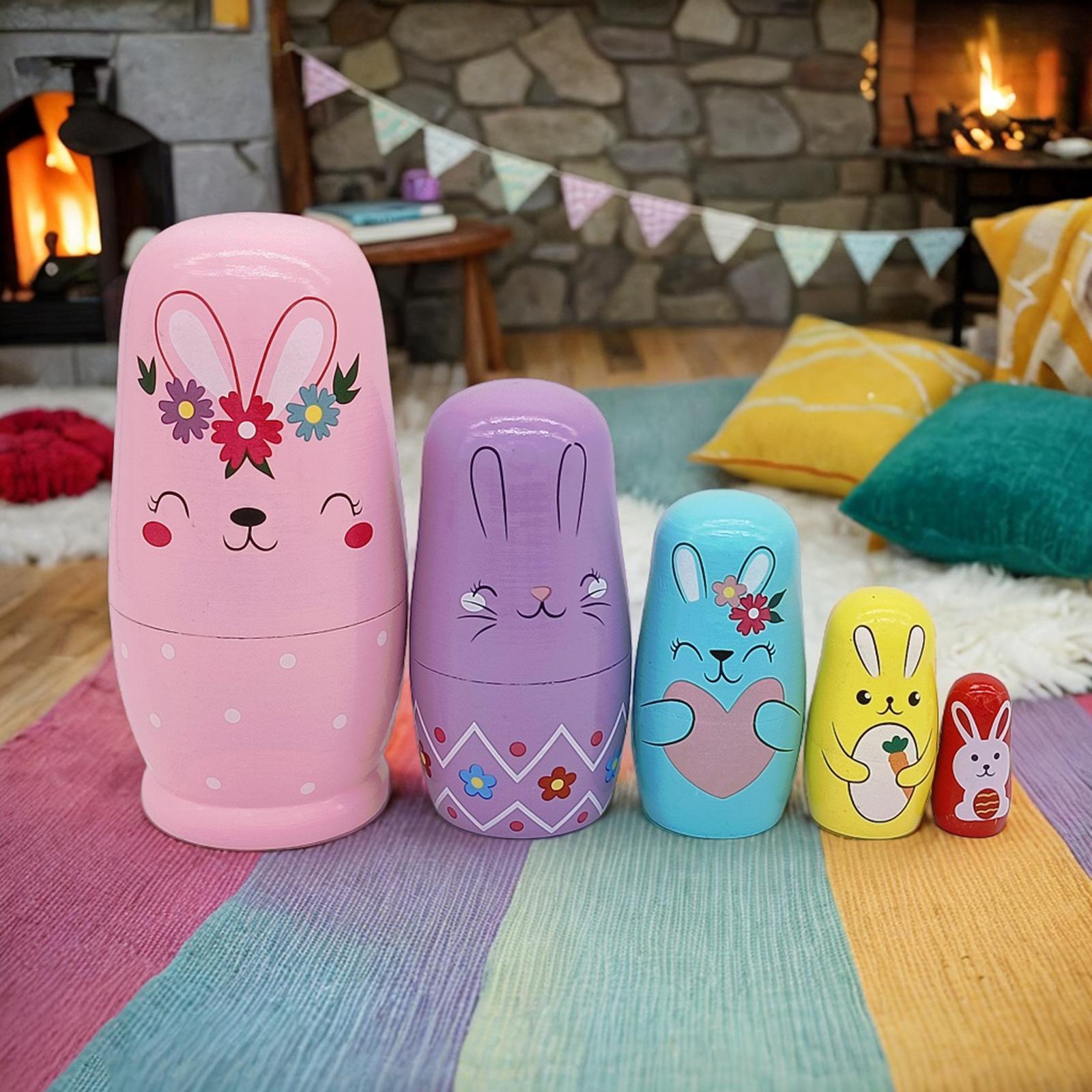 Rabbit Nesting Dolls Russian Stacking Toy Wood Matryoshka Durable Colorful Handpainted Home Decoration Russian Nesting Dolls Set