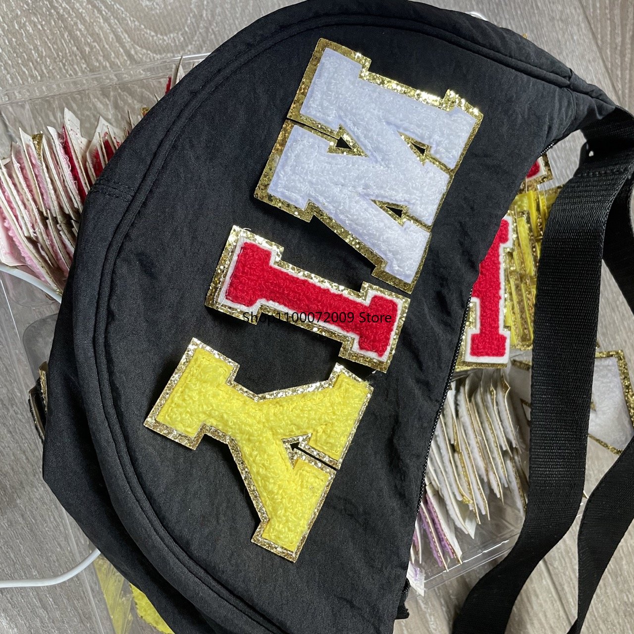 Description Picture 5 of item5.5CM White Chenille Letter Patches Iron on Towel Embroidered Felt Alphabet Glitter Sequins Heat Adhesive Applique DIY Accessory