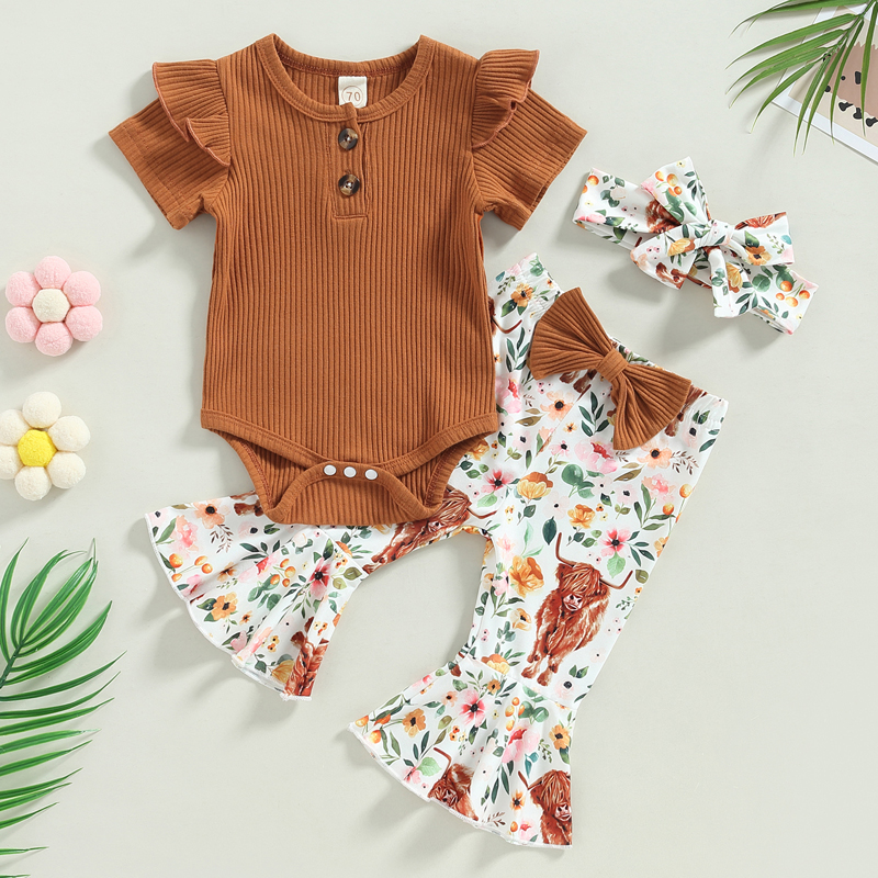 Description Picture 2 of itemBaby Girls Jumpsuits Set Summer Short Sleeves Romper and Casual Floral Flared Pants Headband