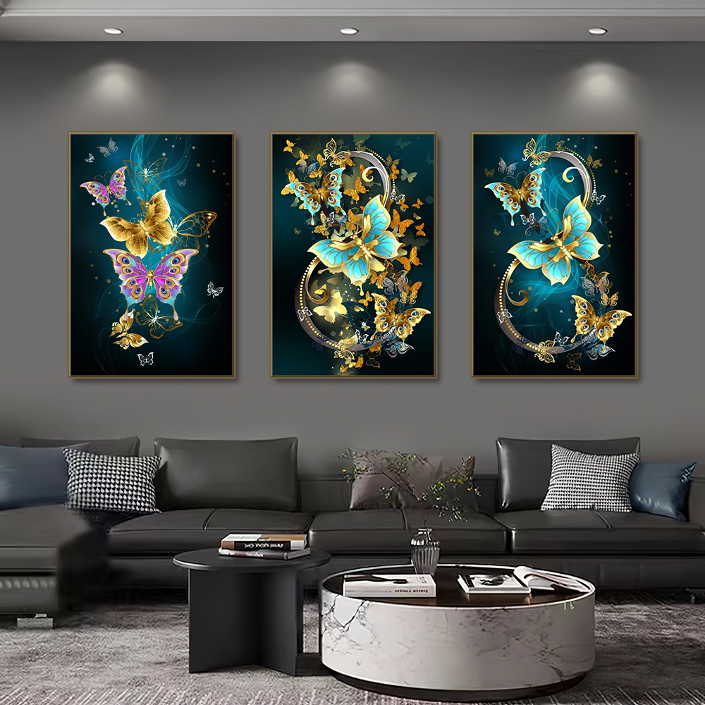 Gold Blue Butterfly Canvas Paintings Black Wall Art Prints Luxury Living Room Decorative Posters For Living Room Wall Decor Art