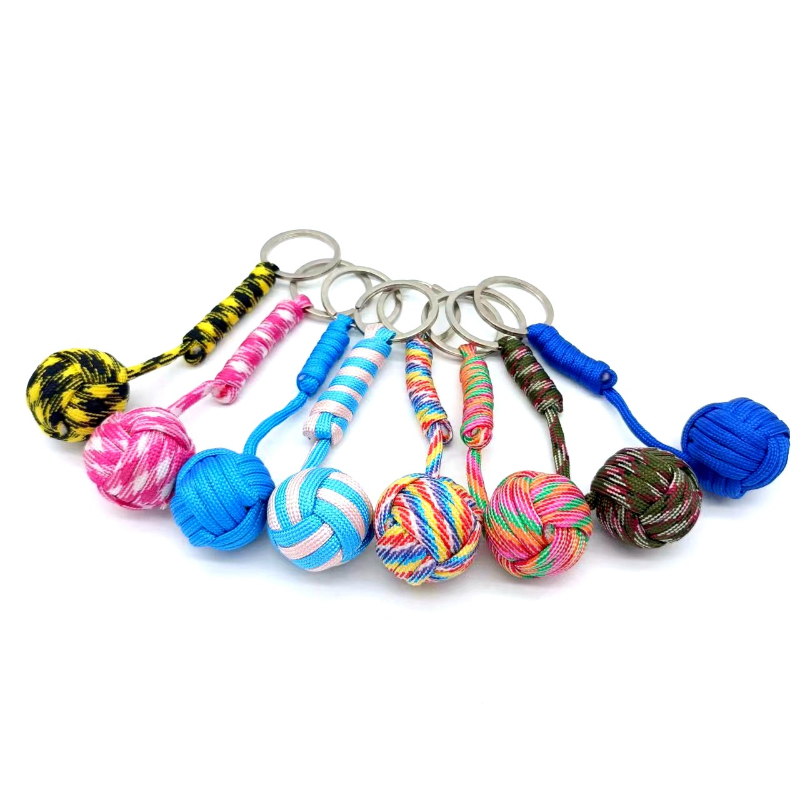 Description Picture 3 of itemMilitary Parachute Wooden Bead Woven Rope Ball Keychain Paracord Lanyard Key Ring Monkey Fist Key Chains Outdoors Survival Tool